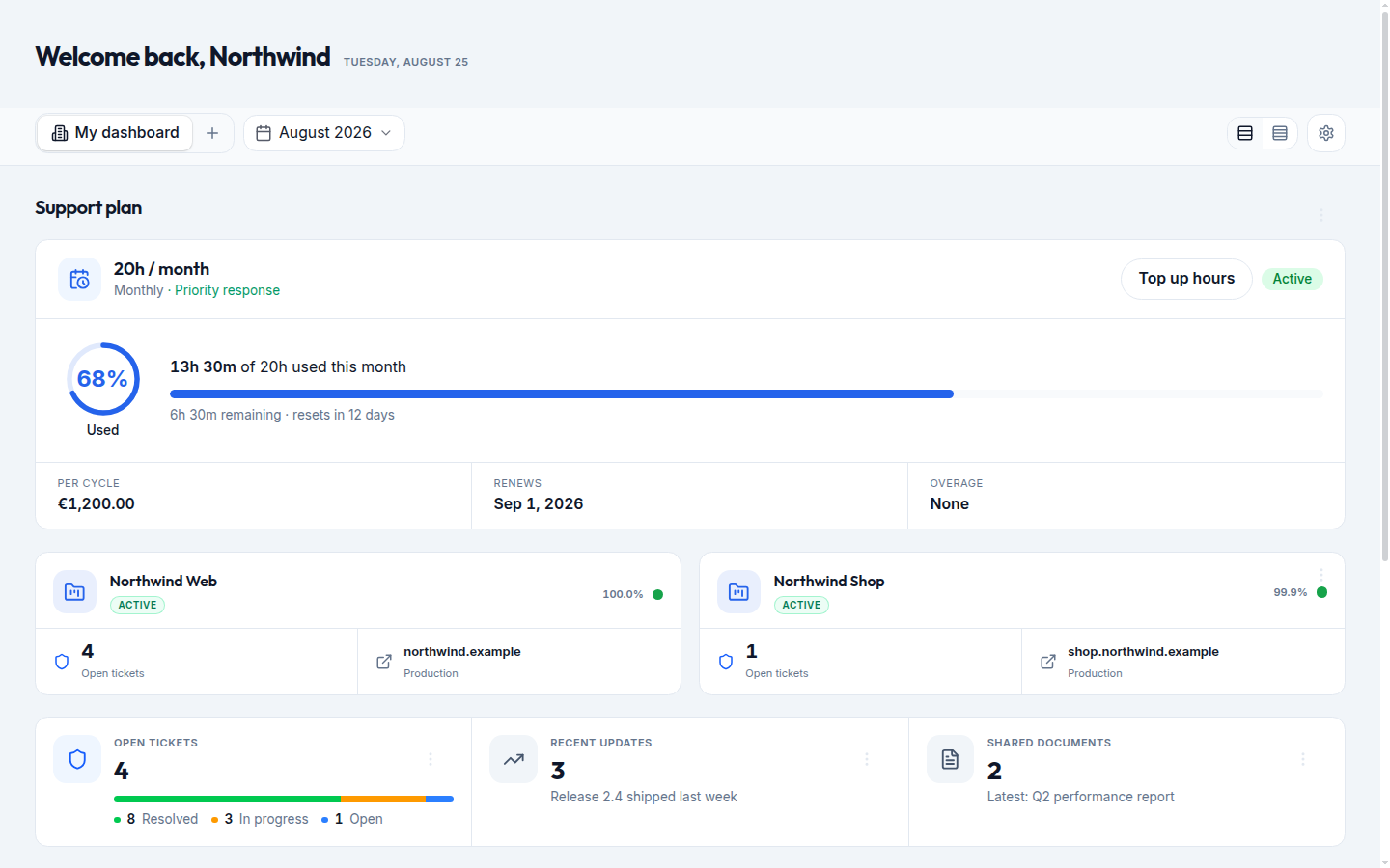 Client portal dashboard showing projects, support plan, and recent activity