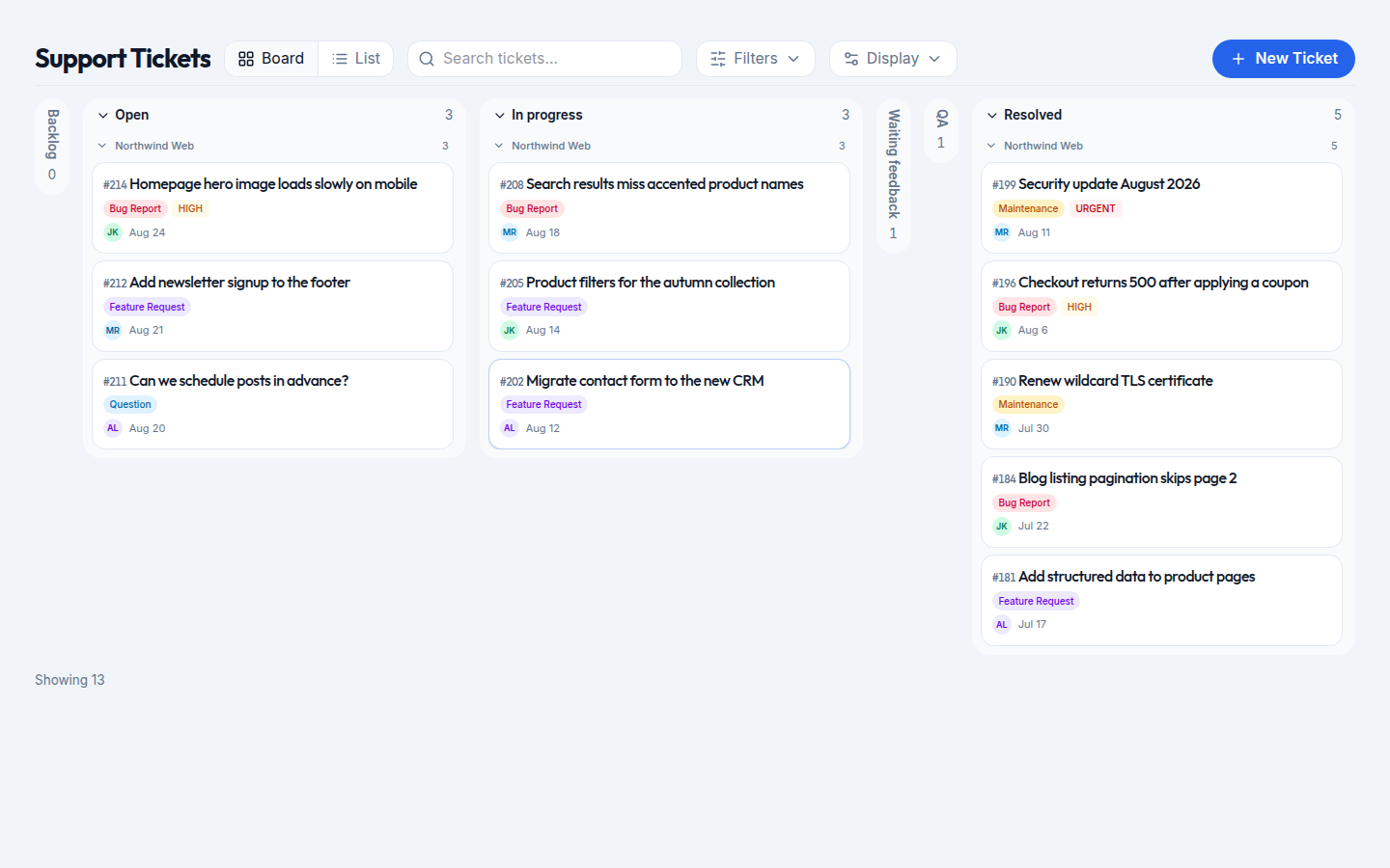 Support tickets list with status, priority, and labels
